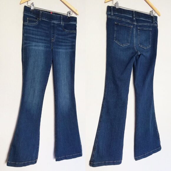 Spanx Flare Jeans Midnight Blue Shade Pull On Stretch High Waist L Petite $148 - Picture 4 of 16